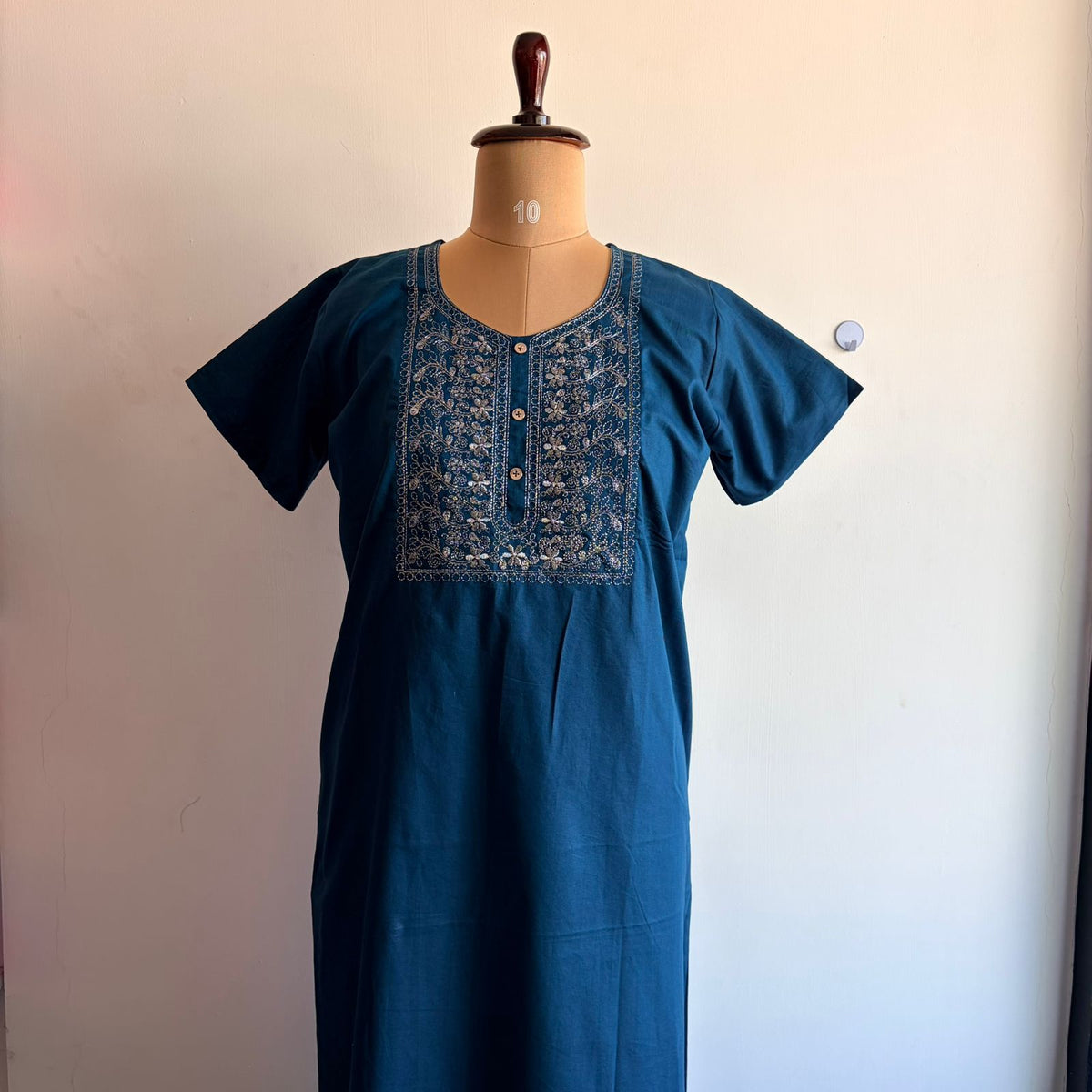 Blue Silver Embroidery Cotton Churidar Cut Nighty  | Chest Width 44″ | Length 56″