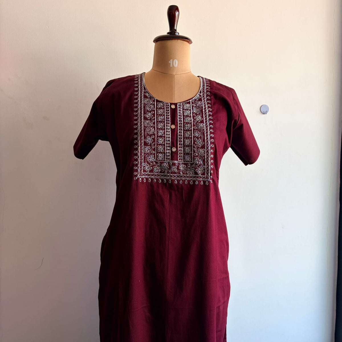 Maroon Silver Embroidery Cotton Churidar Cut Nighty  | Chest Width 44″ | Length 56″