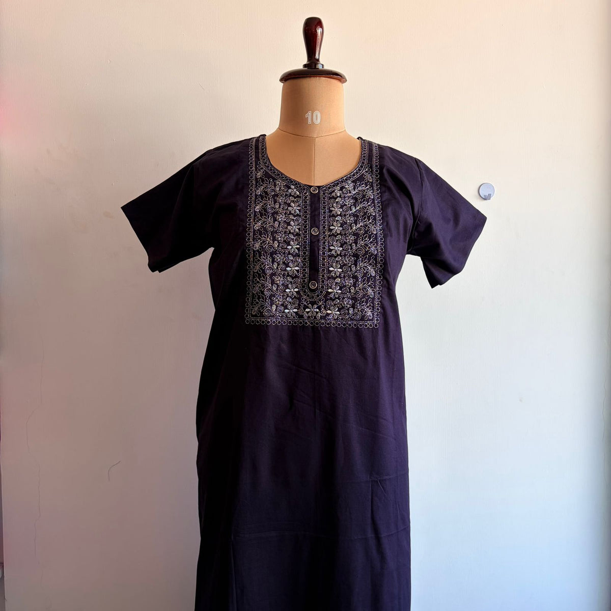 Violet Silver Embroidery Cotton Churidar Cut Nighty  | Chest Width 44″ | Length 56″