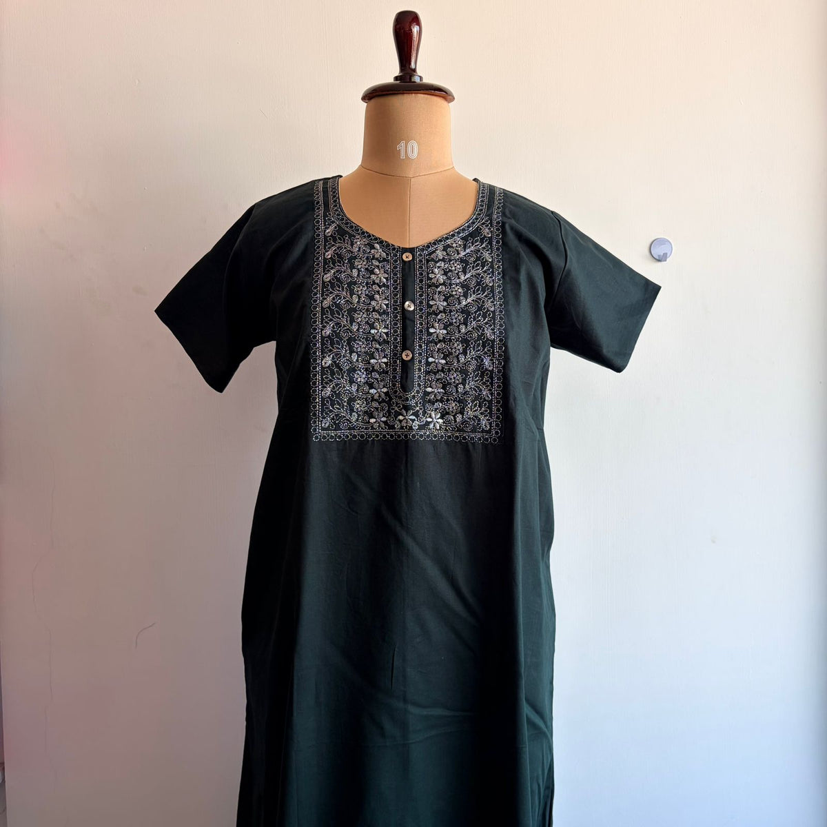Green Silver Embroidery Cotton Churidar Cut Nighty  | Chest Width 44″ | Length 56″