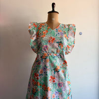 Green Floral Hakoba Ruffle Sleeve Short Maternity Gown | Free Size | Chest Width 44″| Length 44″|