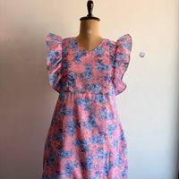 Pink And Blue Floral Hakoba Ruffle Sleeve Short Maternity Gown | Free Size | Chest Width 44″| Length 44″|