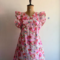 Pink Floral Hakoba Ruffle Sleeve Short Maternity Gown | Free Size | Chest Width 44″| Length 44″|
