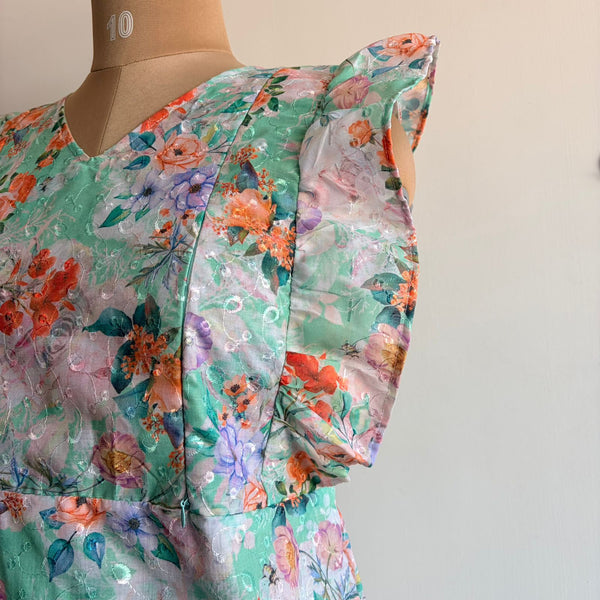 Green Floral Hakoba Ruffle Sleeve Short Maternity Gown | Free Size | Chest Width 44″| Length 44″|