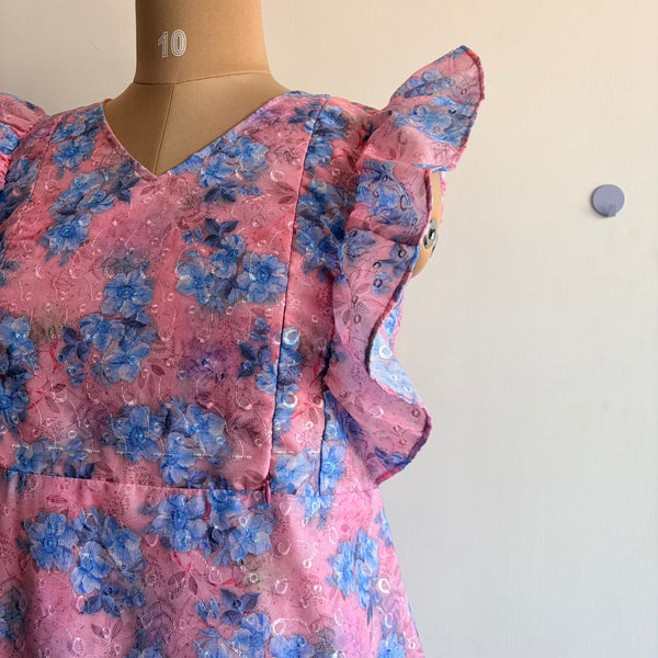 Pink And Blue Floral Hakoba Ruffle Sleeve Short Maternity Gown | Free Size | Chest Width 44″| Length 44″|