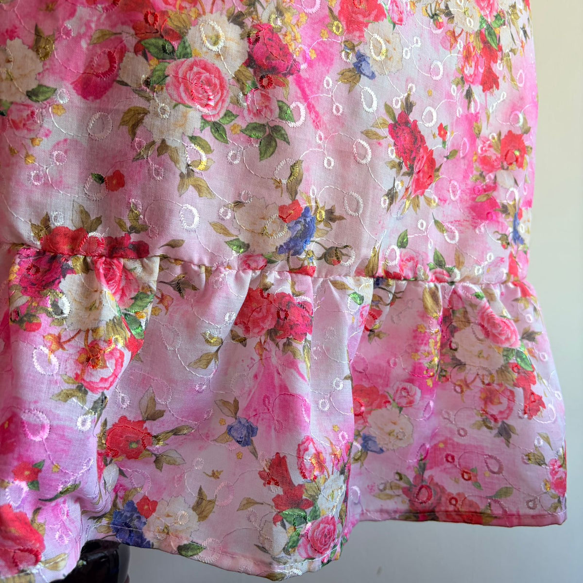Pink Floral Hakoba Ruffle Sleeve Short Maternity Gown | Free Size | Chest Width 44″| Length 44″|