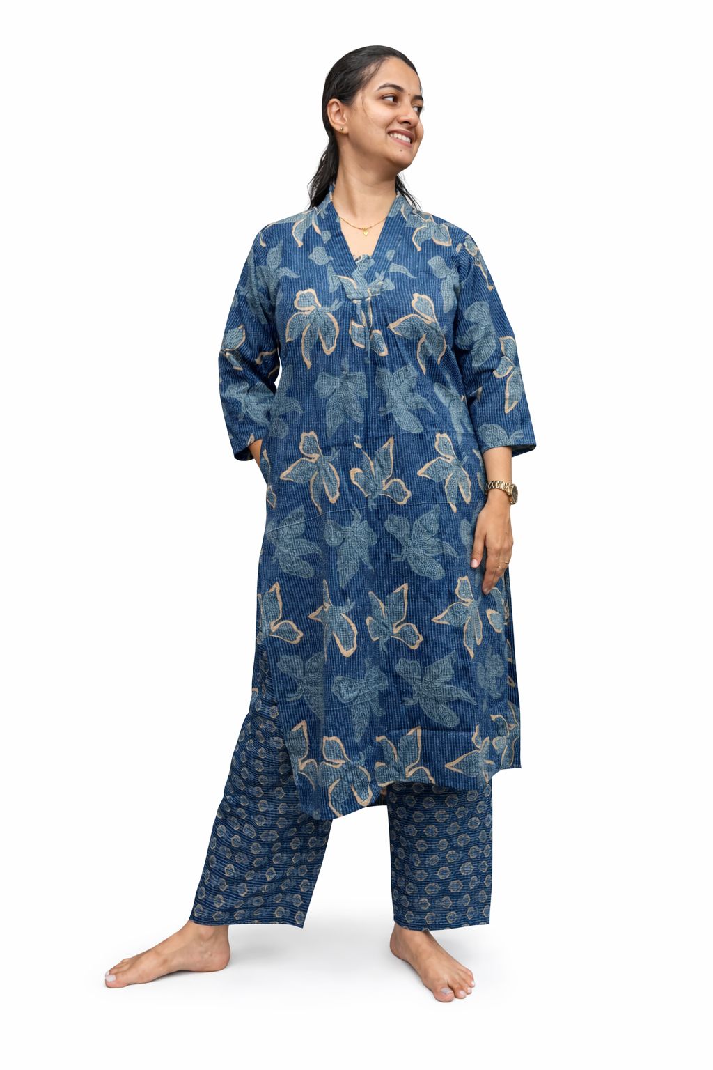 Navy- Blue Floral Printed Kantha Cotton V - Collar Neck Kurti Co-ord Set| Palazzo Pant | Free Size