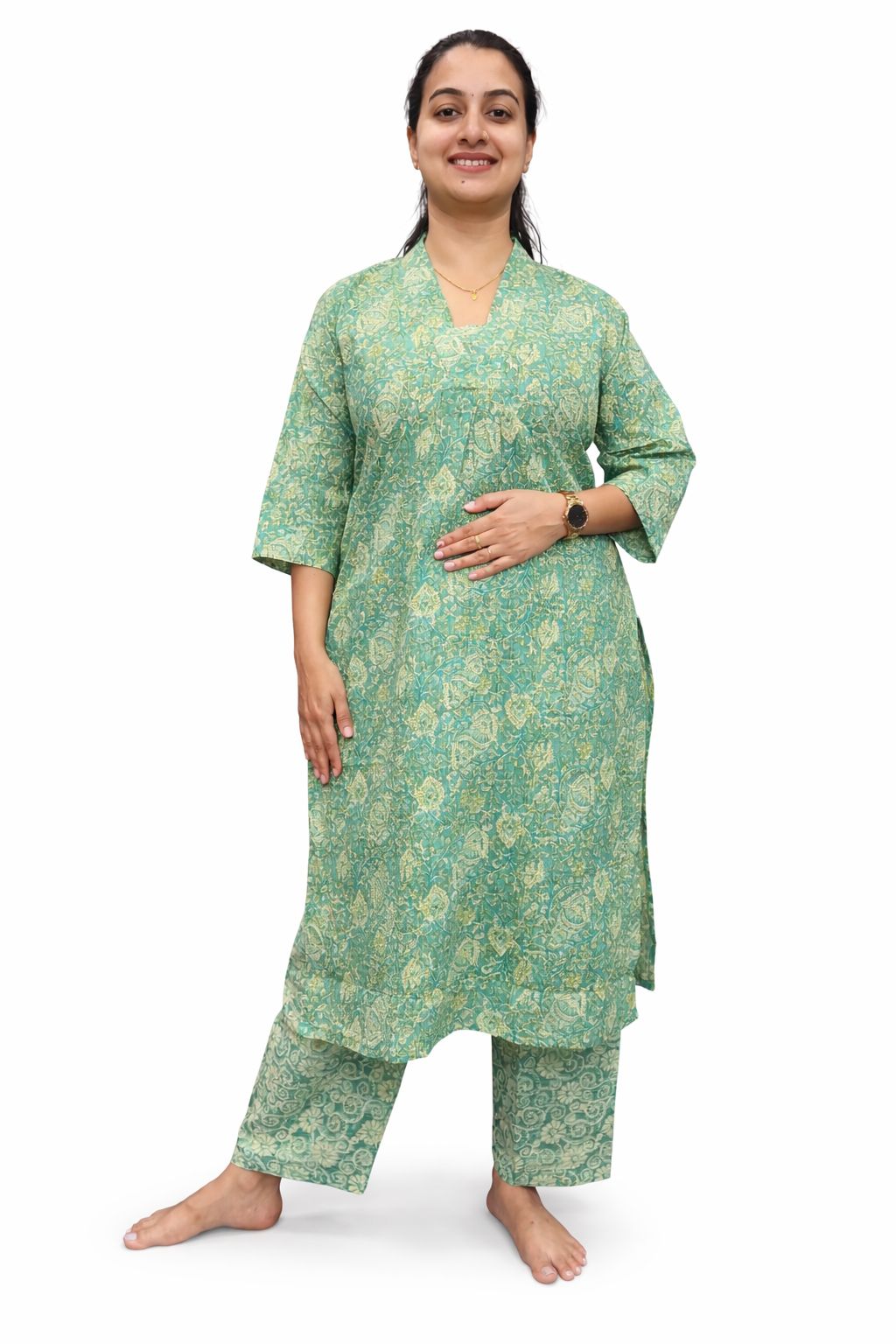 Green Floral Printed Kantha Cotton V - Collar Neck Kurti Co-ord Set| Palazzo Pant | Free Size
