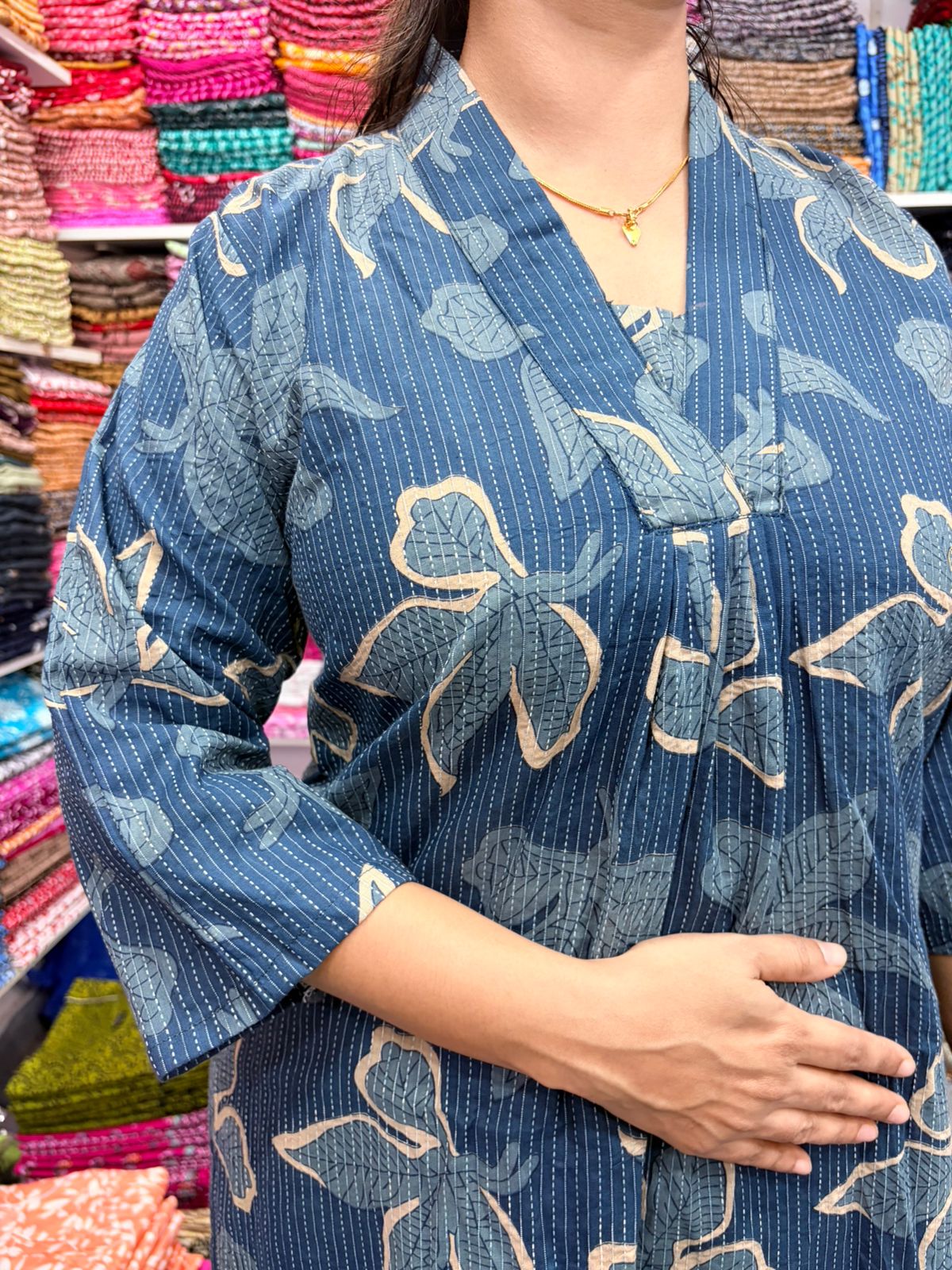 Navy- Blue Floral Printed Kantha Cotton V - Collar Neck Kurti Co-ord Set| Palazzo Pant | Free Size