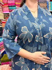 Navy- Blue Floral Printed Kantha Cotton V - Collar Neck Kurti Co-ord Set| Palazzo Pant | Free Size