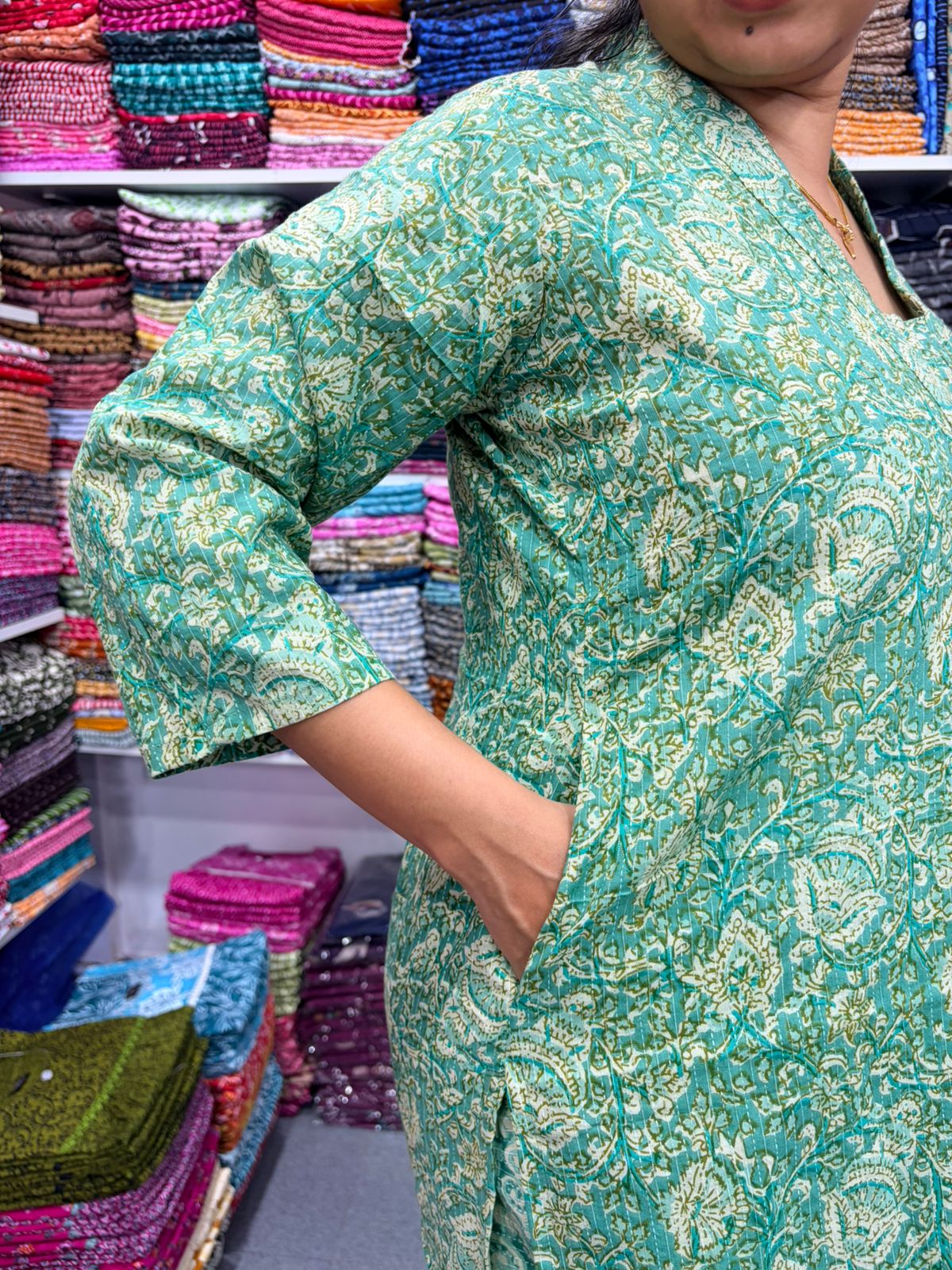 Green Floral Printed Kantha Cotton V - Collar Neck Kurti Co-ord Set| Palazzo Pant | Free Size