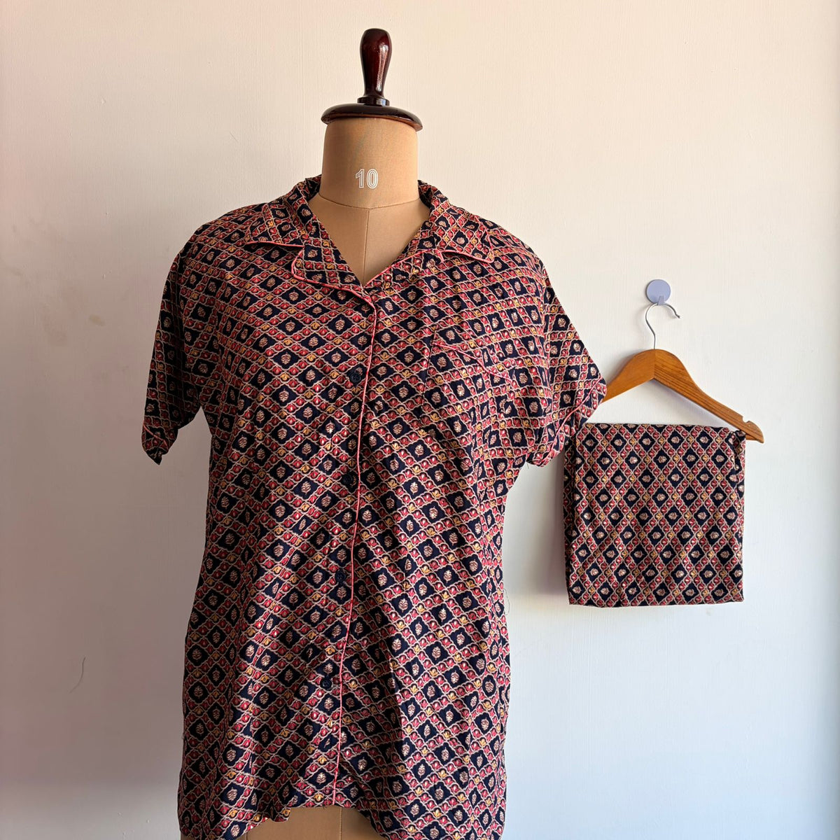 Navy-Blue And Peach Printed Plus Size Rayon Shirt Pyjama Set