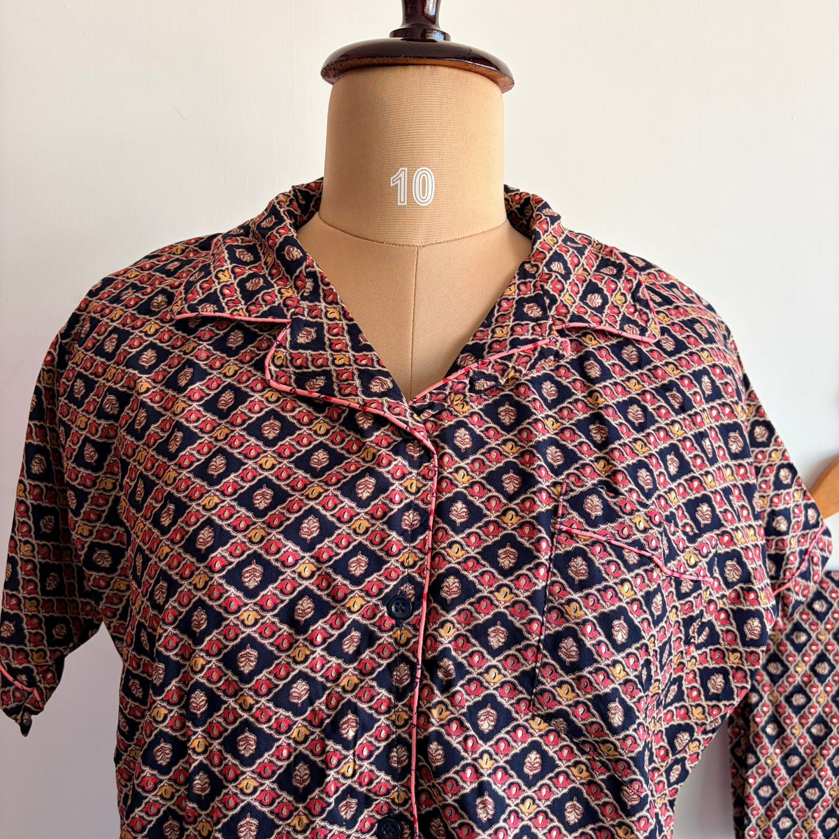 Navy-Blue And Peach Printed Plus Size Rayon Shirt Pyjama Set