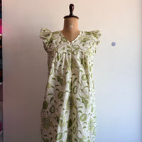 Green Floral Printed White Cambric Cotton V- Neck Ruffle Sleeve Long Zip Short Maternity Gown | Free Size | Chest Width 44″| Length 44″|