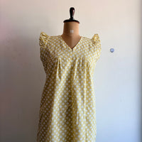 Cream Floral Printed Cambric Cotton V- Neck Ruffle Sleeve Long Zip Short Maternity Gown | Free Size | Chest Width 44″| Length 44″|