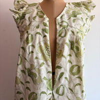 Green Floral Printed White Cambric Cotton V- Neck Ruffle Sleeve Long Zip Short Maternity Gown | Free Size | Chest Width 44″| Length 44″|