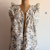 Grey Floral Printed White Cambric Cotton V- Neck Ruffle Sleeve Long Zip Short Maternity Gown | Free Size | Chest Width 44″| Length 44″|