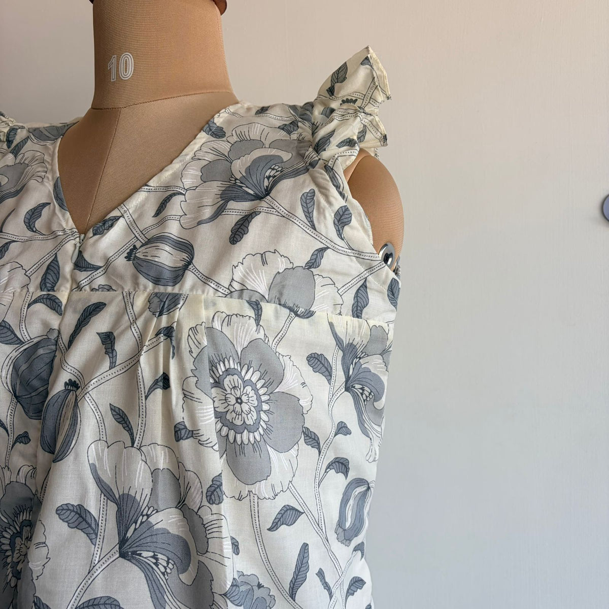 Grey Floral Printed White Cambric Cotton V- Neck Ruffle Sleeve Long Zip Short Maternity Gown | Free Size | Chest Width 44″| Length 44″|