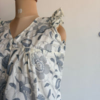 Grey Floral Printed White Cambric Cotton V- Neck Ruffle Sleeve Long Zip Short Maternity Gown | Free Size | Chest Width 44″| Length 44″|