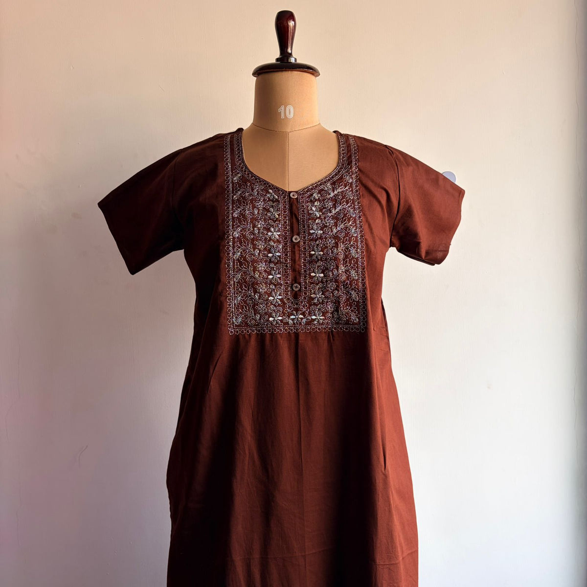 Coffee Brown Silver Embroidery Cotton Churidar Cut Nighty  | Chest Width 44″ | Length 56″