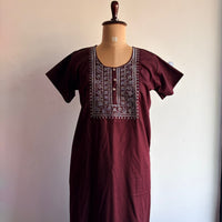 Brown Silver Embroidery Cotton Churidar Cut Nighty  | Chest Width 44″ | Length 56″