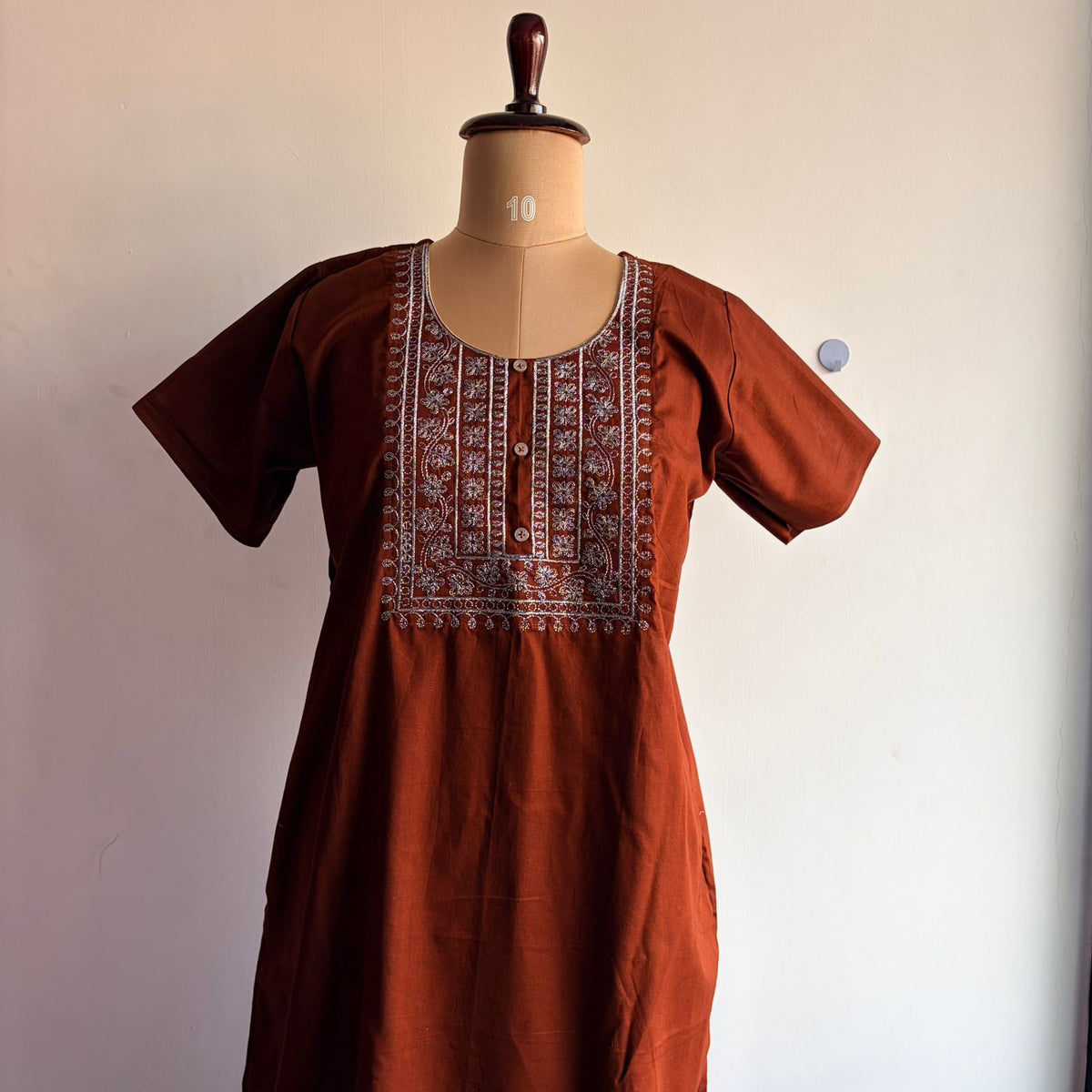Pale Brown Silver Embroidery Cotton Churidar Cut Nighty  | Chest Width 44″ | Length 56″