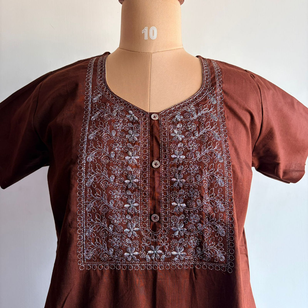 Coffee Brown Silver Embroidery Cotton Churidar Cut Nighty  | Chest Width 44″ | Length 56″