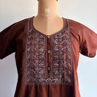 Coffee Brown Silver Embroidery Cotton Churidar Cut Nighty  | Chest Width 44″ | Length 56″