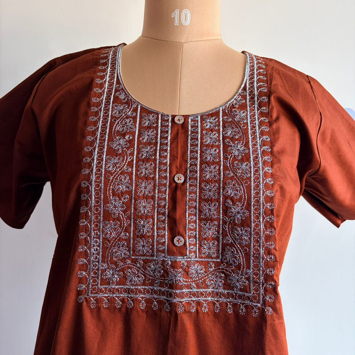 Pale Brown Silver Embroidery Cotton Churidar Cut Nighty  | Chest Width 44″ | Length 56″