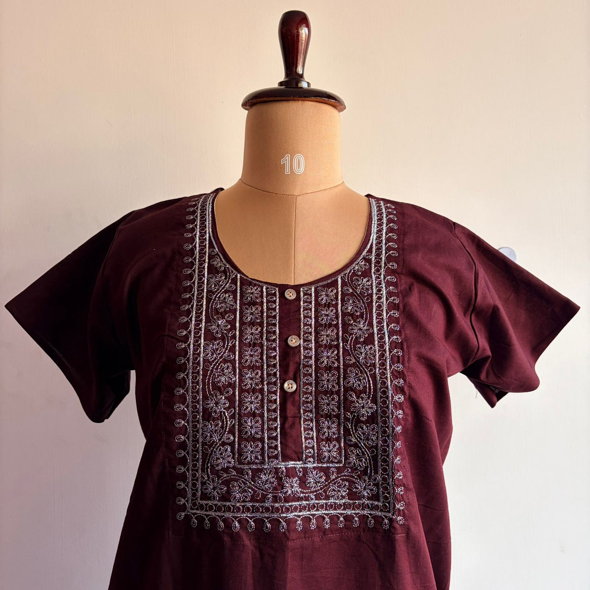 Brown Silver Embroidery Cotton Churidar Cut Nighty  | Chest Width 44″ | Length 56″