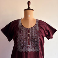 Brown Silver Embroidery Cotton Churidar Cut Nighty  | Chest Width 44″ | Length 56″
