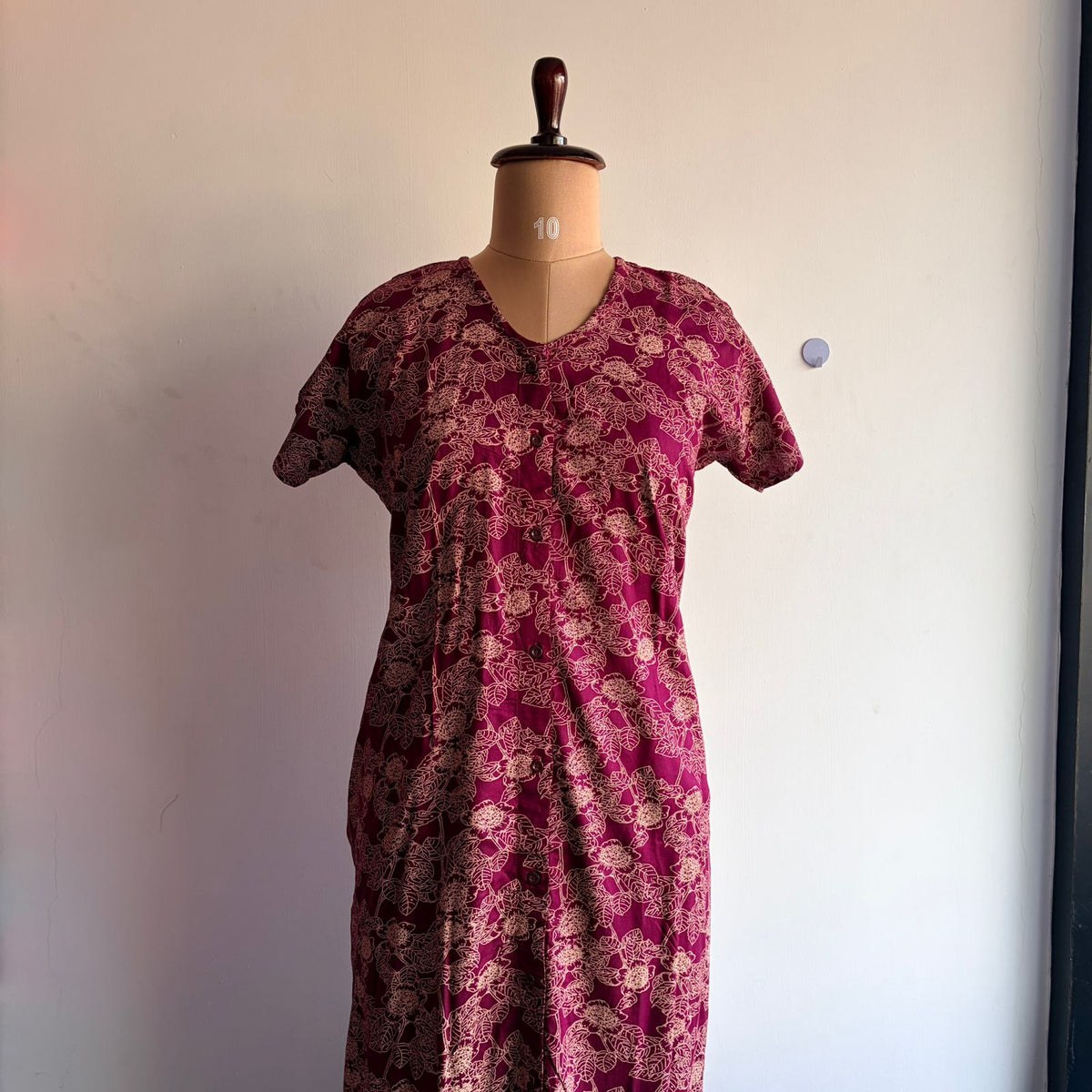 Wine Floral Printed Rayon Short Full Open Labour Room Nighty | Free Size | Chest Width 44″| Length 44″|