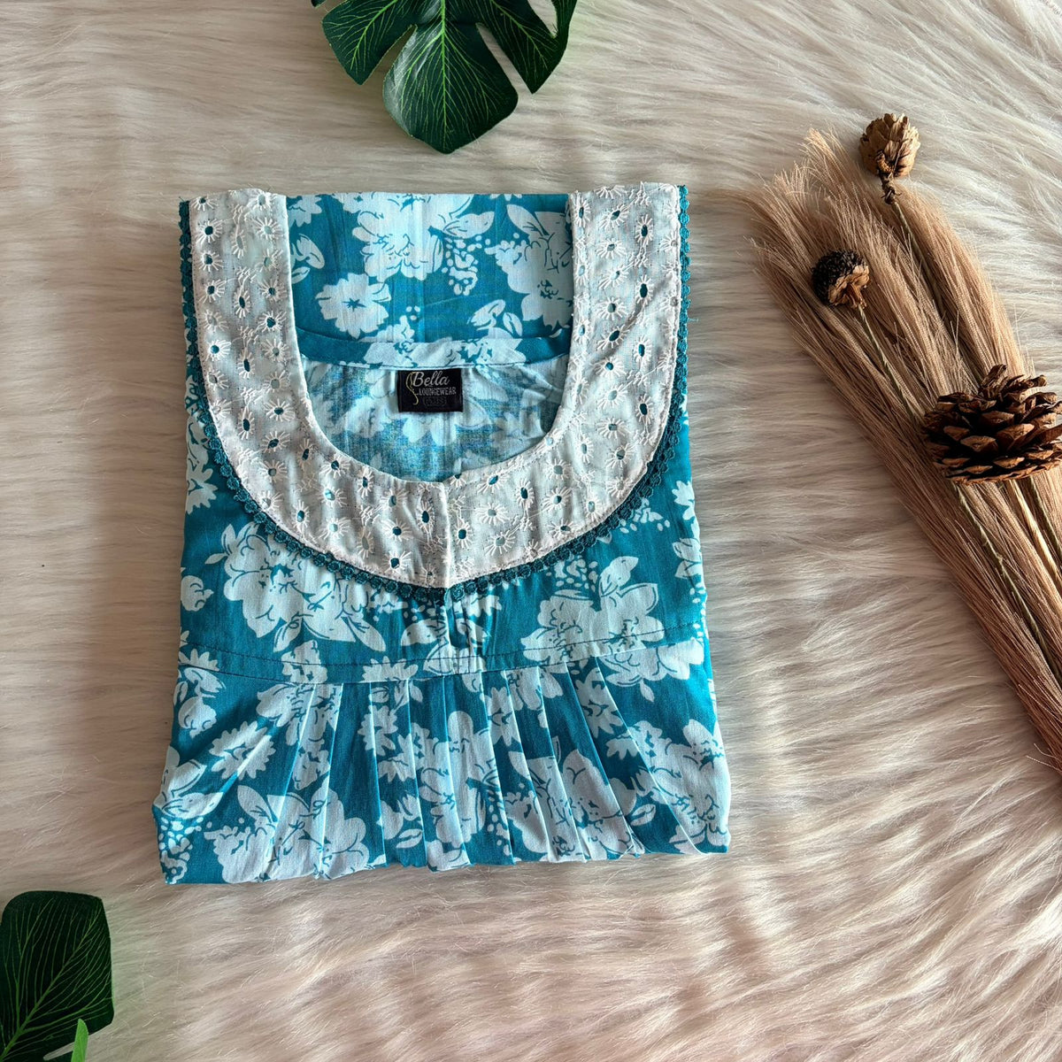 Aqua Green Floral Printed Premium Cotton Hakoba Lace Nighty | Free Size | Chest Width 44″| Length 54″-56″