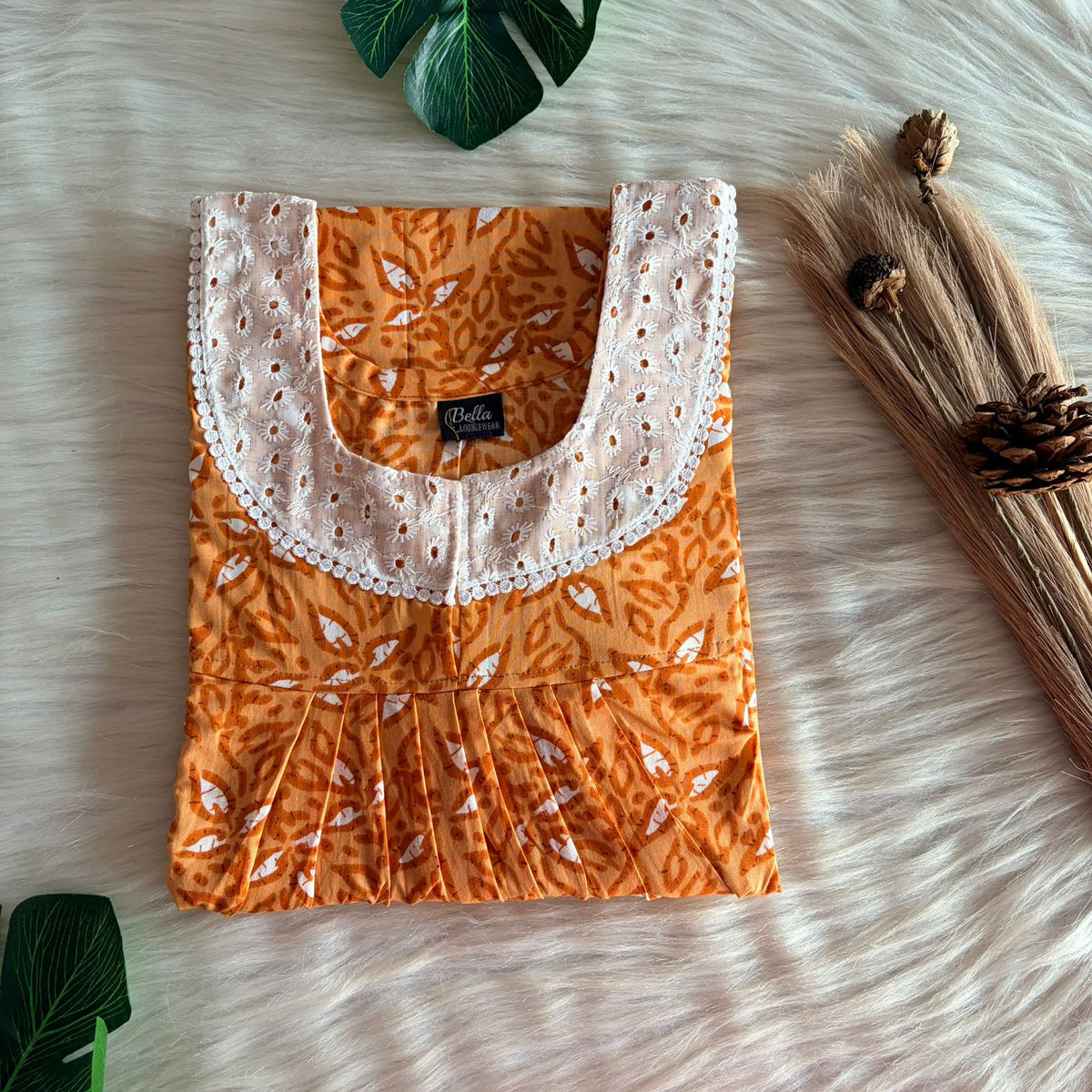 Orange Printed Premium Cotton Hakoba Lace Nighty | Free Size | Chest Width 44″| Length 54″-56″