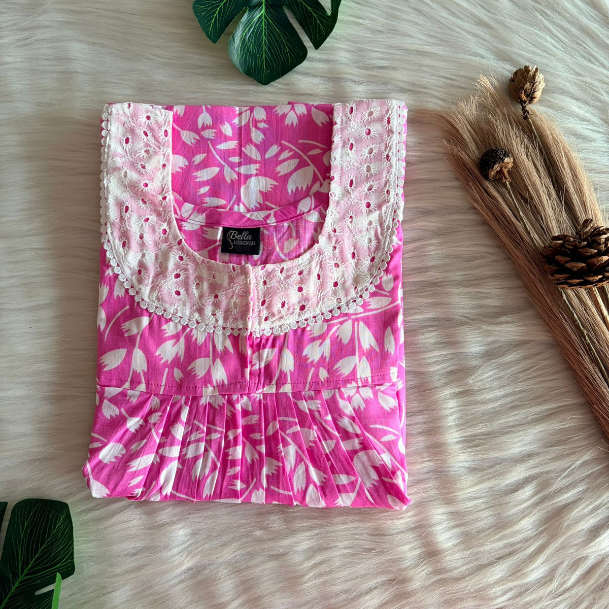 Pink And White Floral Printed Premium Cotton Hakoba Lace Nighty | Free Size | Chest Width 44″| Length 54″-56″