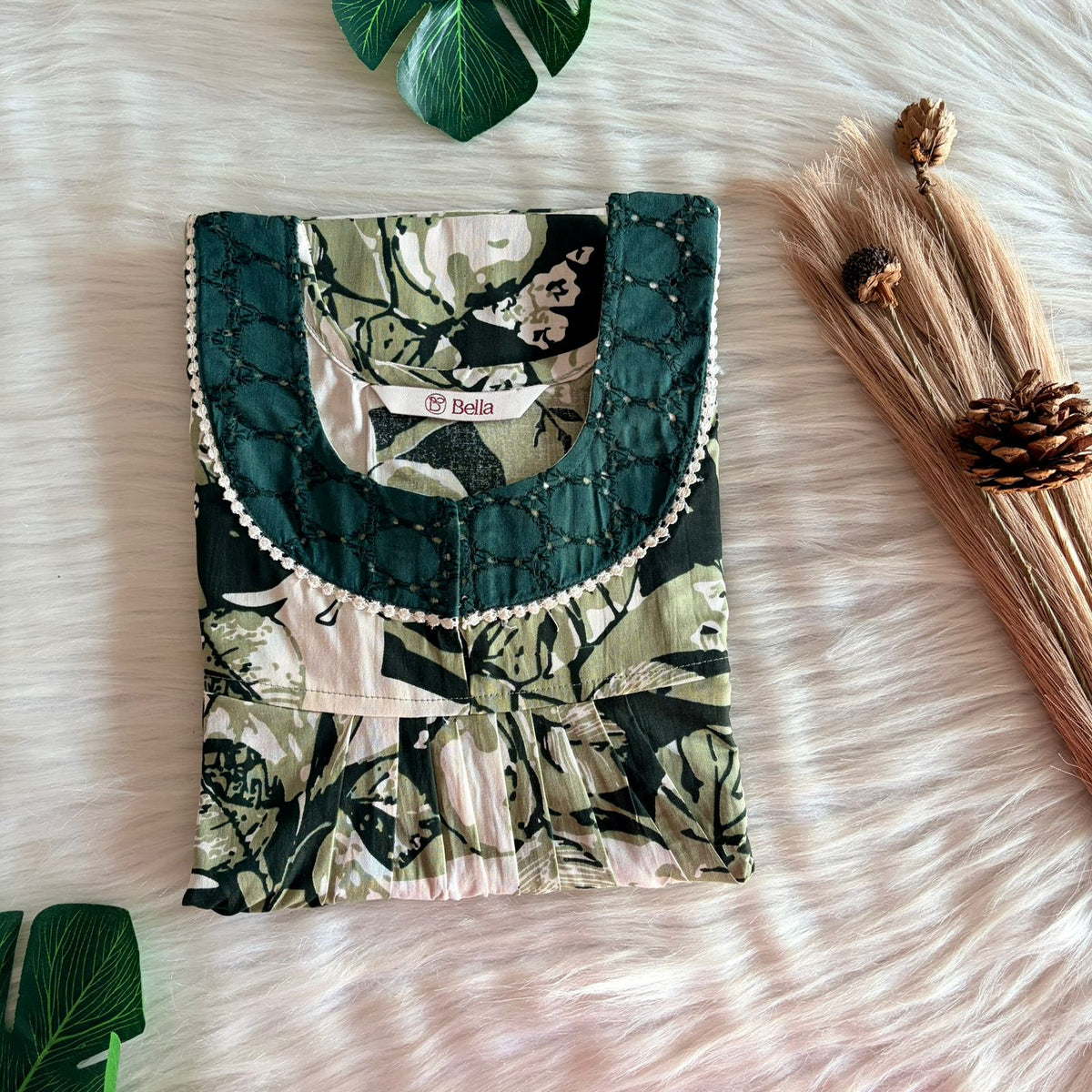 Green Printed Premium Cotton Hakoba Lace Nighty | Free Size | Chest Width 44″| Length 54″-56″