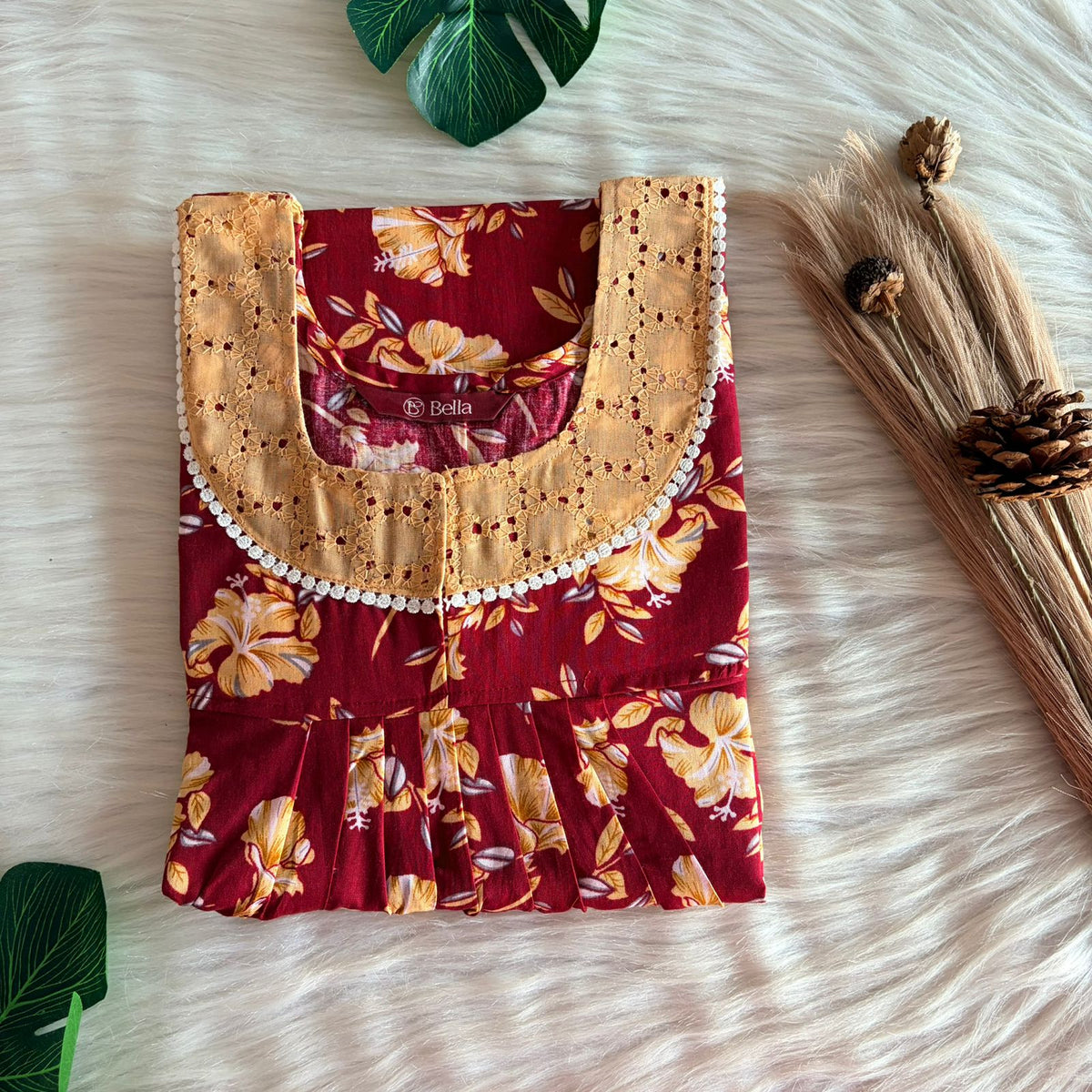 Maroon Floral Printed Premium Cotton Hakoba Lace Nighty | Free Size | Chest Width 44″| Length 54″-56″