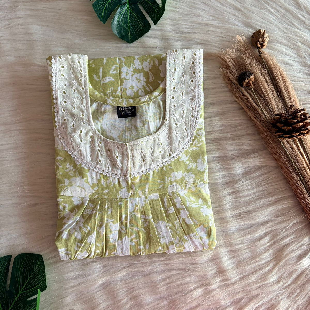 Pale Green Floral Printed Premium Cotton Hakoba Lace Nighty | Free Size | Chest Width 44″| Length 54″-56″