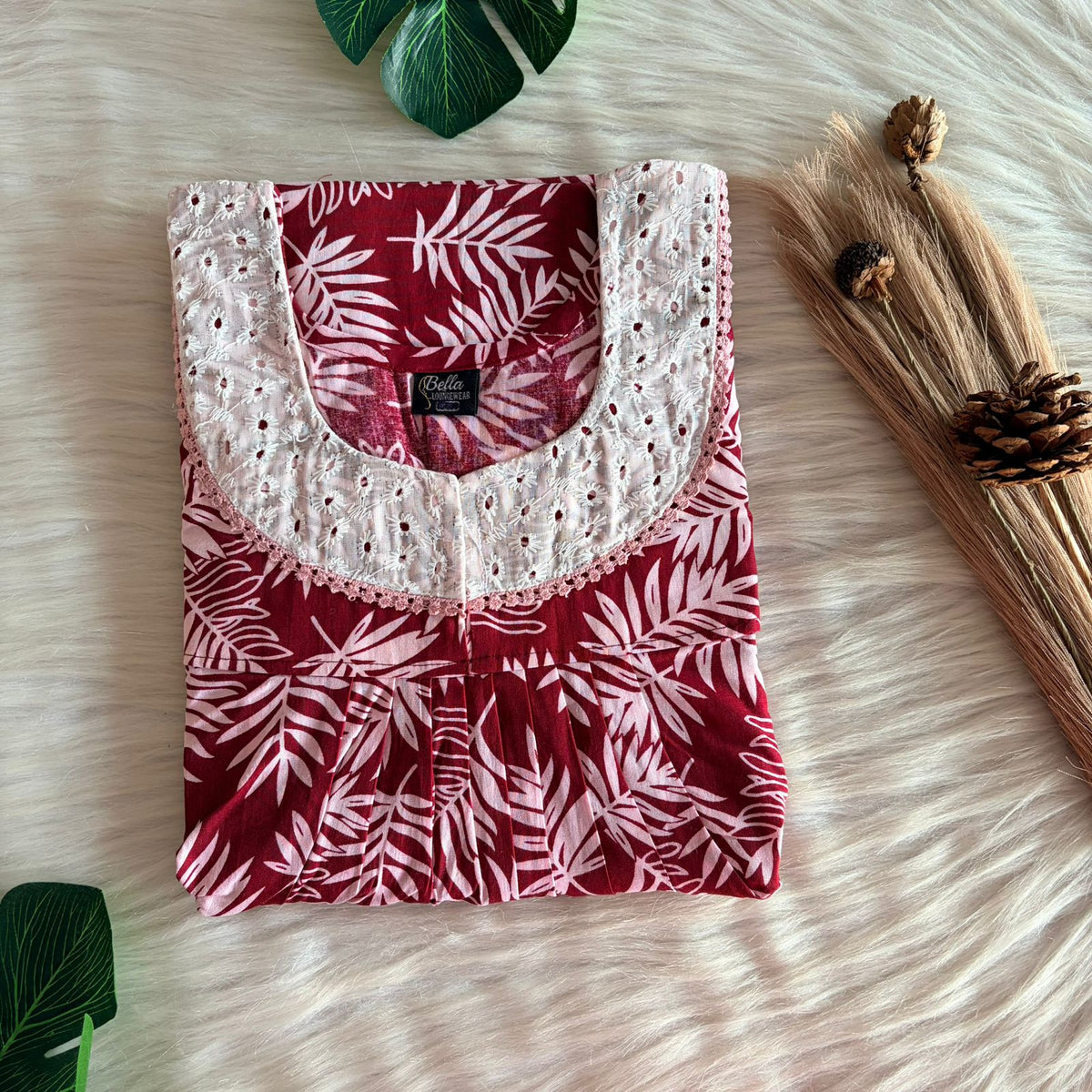 Maroon Leaf Printed Premium Cotton Hakoba Lace Nighty | Free Size | Chest Width 44″| Length 54″-56″