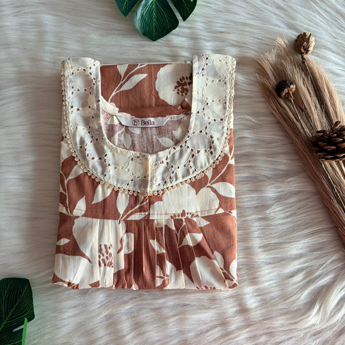 Pastel Brown And White Floral Printed Premium Cotton Hakoba Lace Nighty | Free Size | Chest Width 44″| Length 54″-56″
