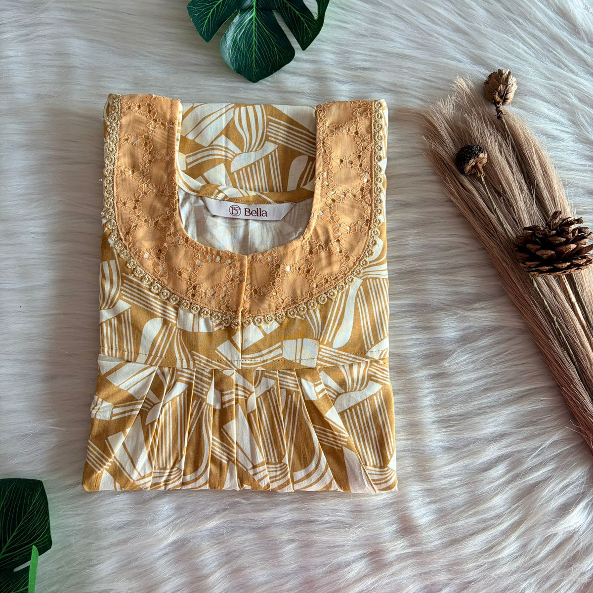 Brown And White Printed Premium Cotton Hakoba Lace Nighty | Free Size | Chest Width 44″| Length 54″-56″