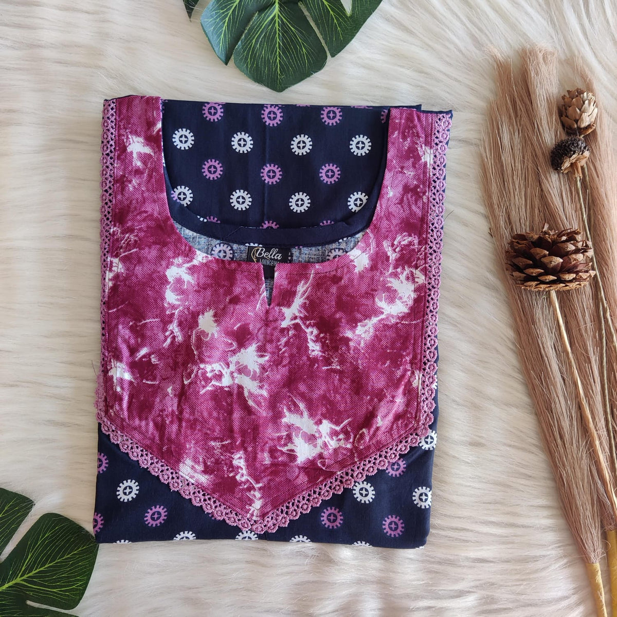 Mauve And Navy-Blue Printed Premium Cotton Mix N Match Lace Pocket Nighty | Free Size | Chest Width 44″| Length 56″