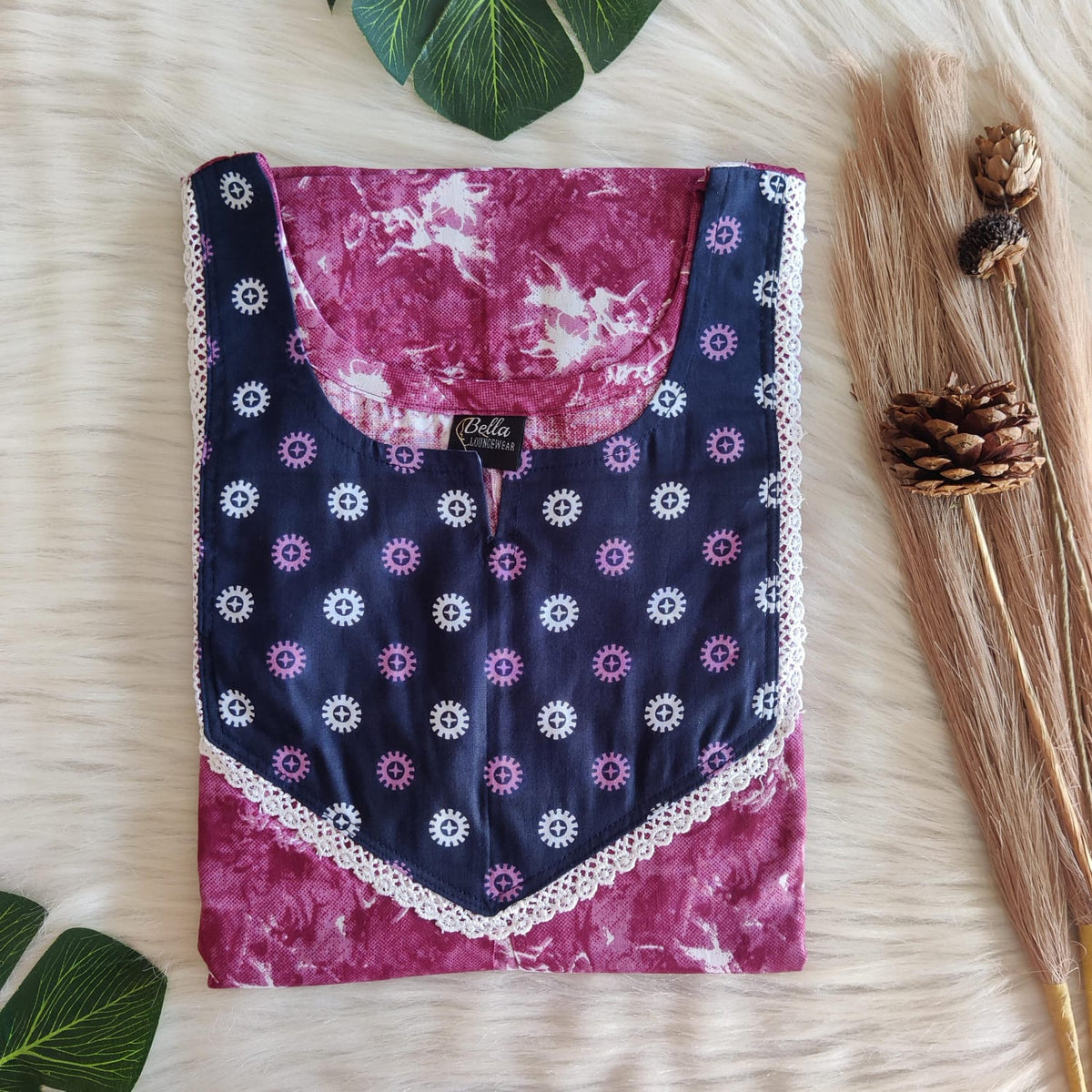 Navy-Blue And Mauve Printed Premium Cotton Mix N Match Lace Pocket Nighty | Free Size | Chest Width 44″| Length 56″