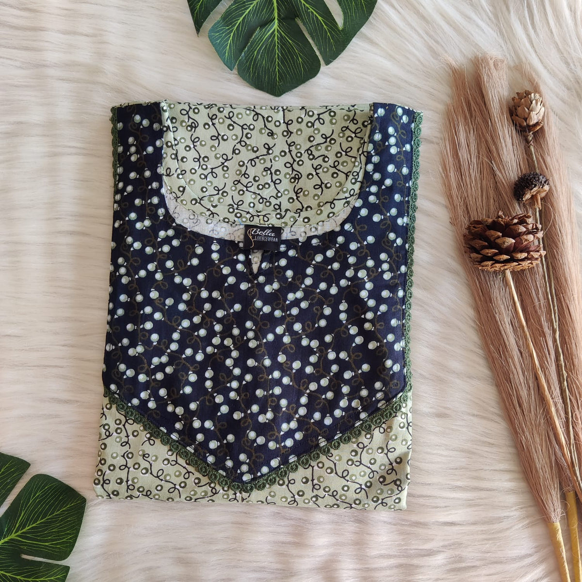 Navy-Blue And Green Printed Premium Cotton Mix N Match Lace Pocket Nighty | Free Size | Chest Width 44″| Length 56″