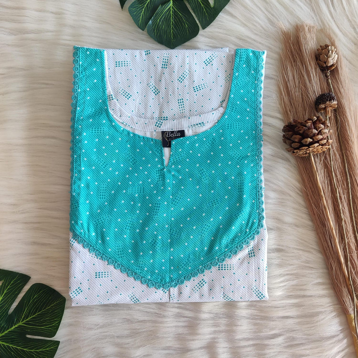 Aqua Blue And White Printed Premium Cotton Mix N Match Lace Pocket Nighty | Free Size | Chest Width 44″| Length 56″