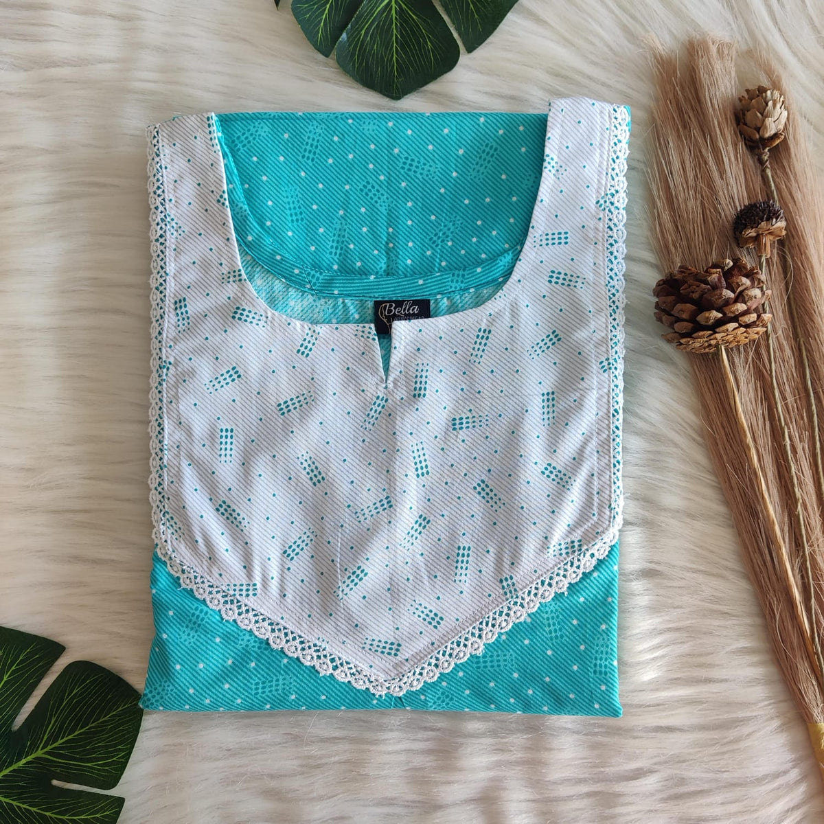 White And Aqua Blue Printed Premium Cotton Mix N Match Lace Pocket Nighty | Free Size | Chest Width 44″| Length 56″