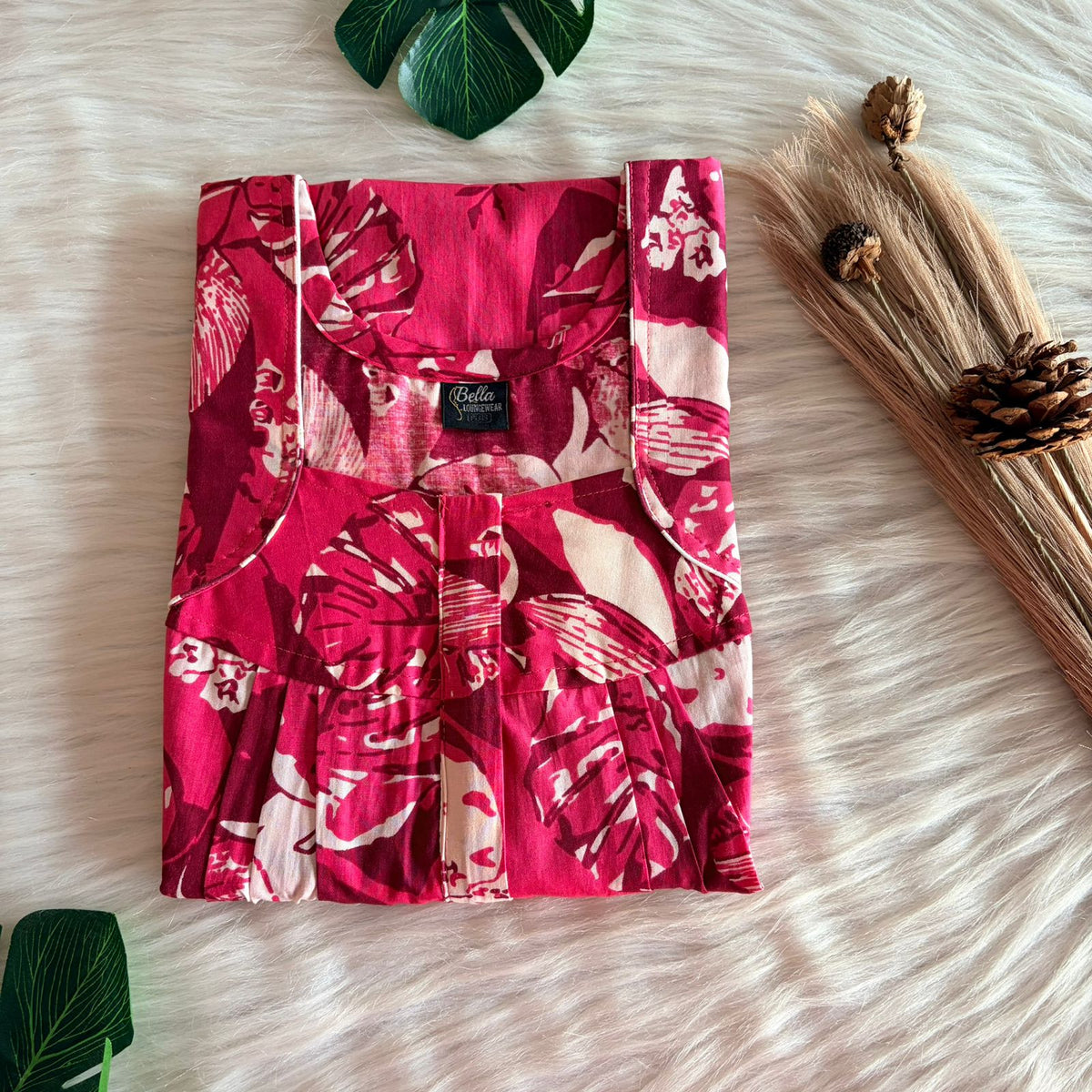 Maroon And Pink Premium Cotton Pleated Zip Nighty | Free Size | Chest Width 44″| Length 54″-55″