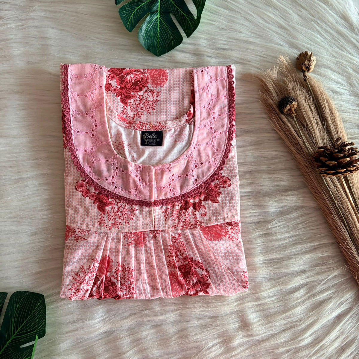 Red Floral Printed Peach Pure Cotton Hakoba Lace Nighty | Free Size | Chest Width 44″| Length 54″-56″