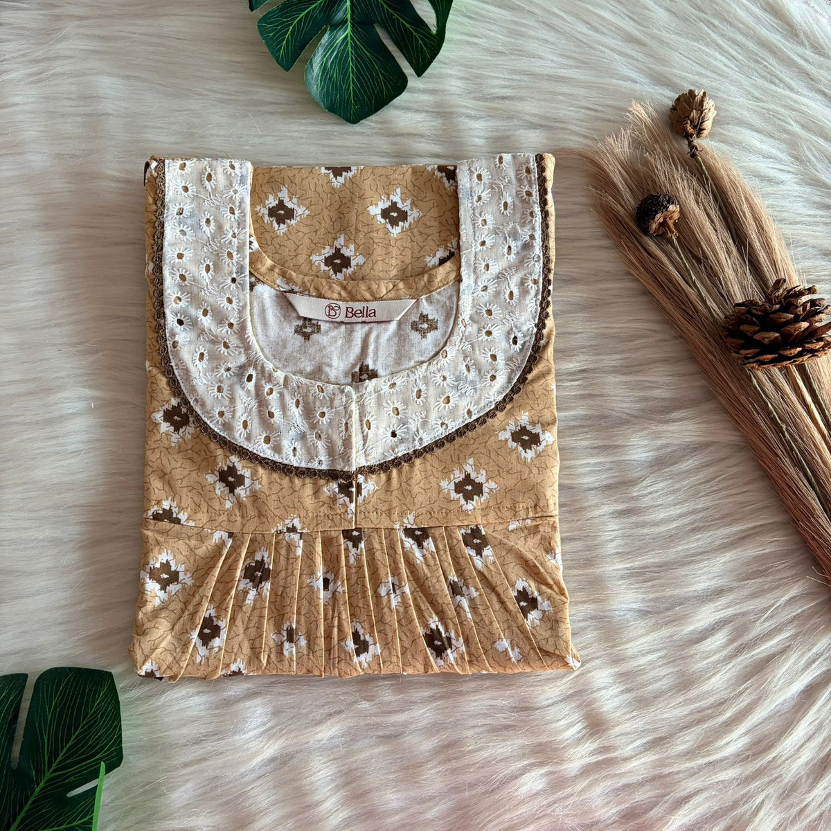 Brown Ikat Printed Pure Cotton Hakoba Lace Nighty | Free Size | Chest Width 44″| Length 54″-56″