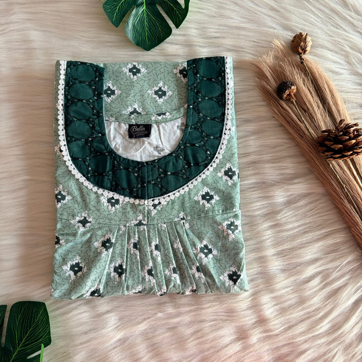 Green Ikat Printed Pure Cotton Hakoba Lace Nighty | Free Size | Chest Width 44″| Length 54″-56″